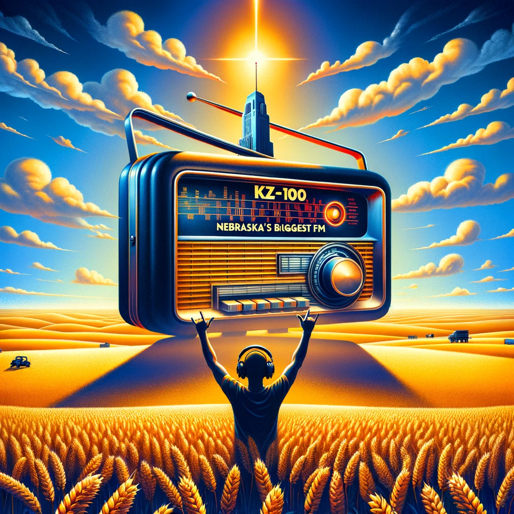 Vintage FM radio with 'KZ-100' on display in Nebraska wheat fields, under a blue sky with a person dancing in the foreground.