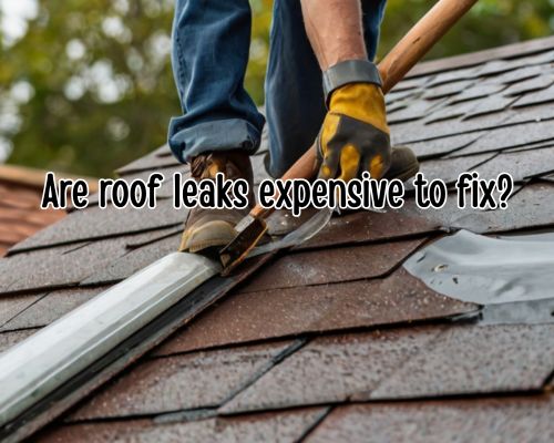 A roof repairman fixes a leaking section of a roof